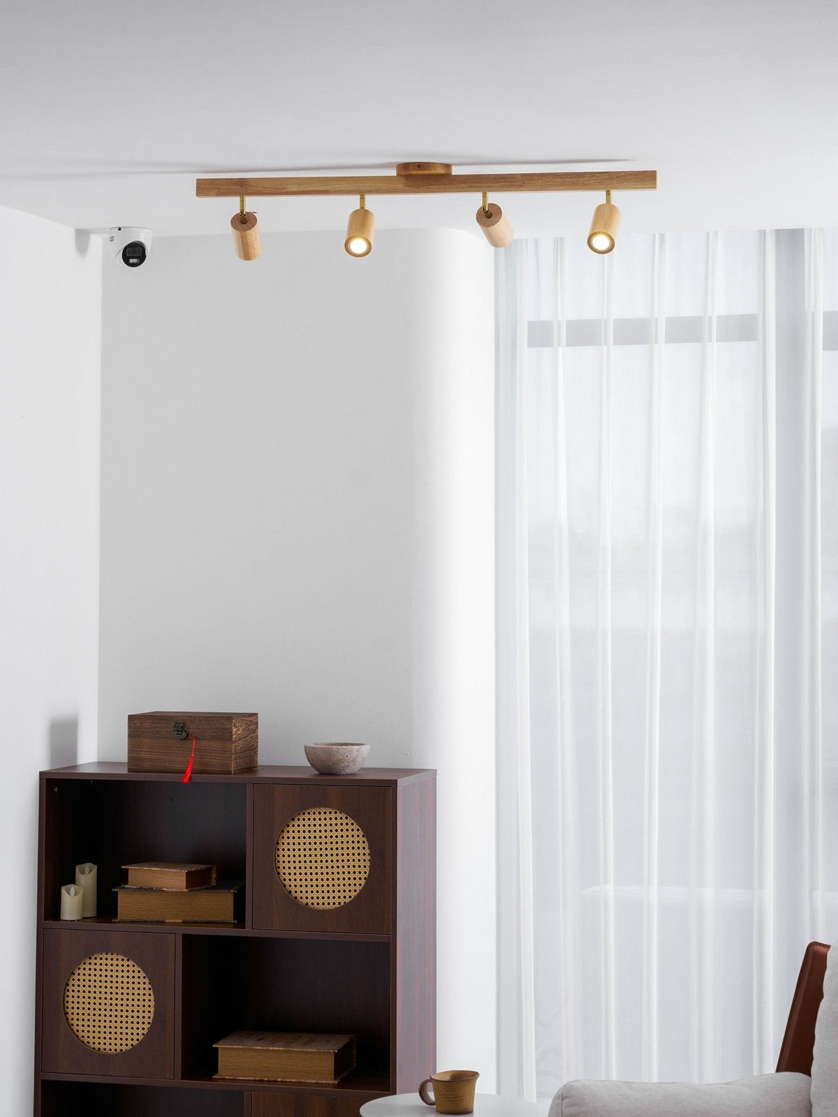 Grain wood shade track lighting by Moktan Sabai with four adjustable heads in natural wood on Tampa Home & Garden Store