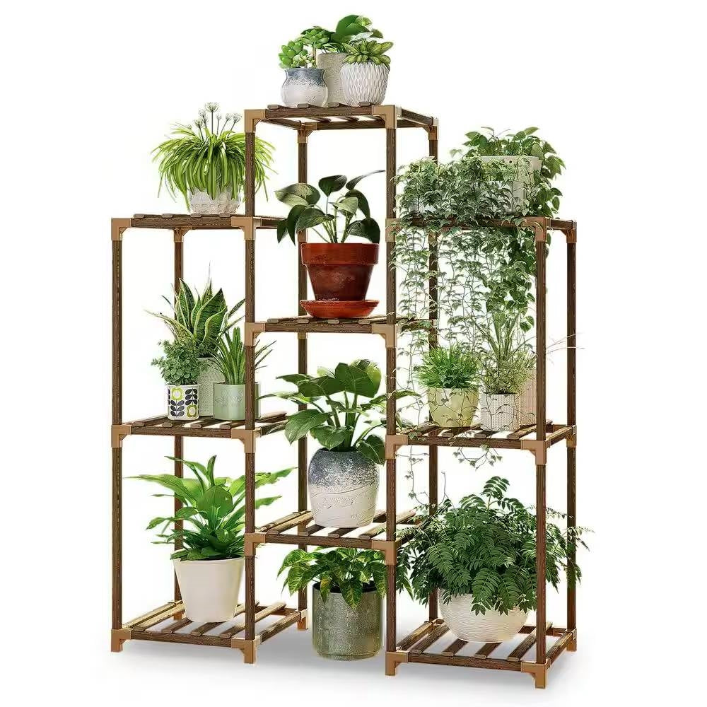 Natural Wood Plant Stand Shelving Rack - Holds up to 9 Planters - Tampa Home & Garden Store