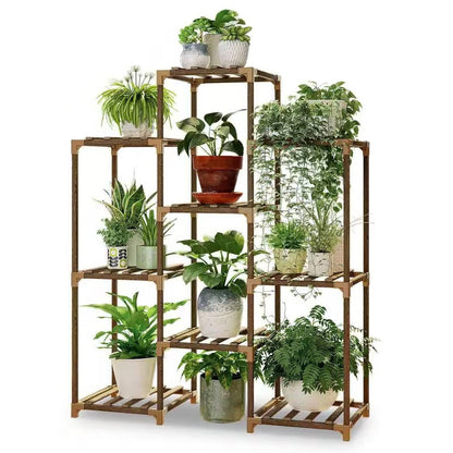 Natural Wood Plant Stand Shelving Rack - Holds up to 9 Planters - Tampa Home & Garden Store