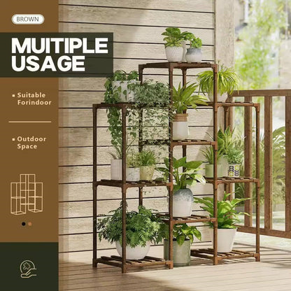 Natural Wood Plant Stand Shelving Rack - Holds up to 9 Planters - Tampa Home & Garden Store