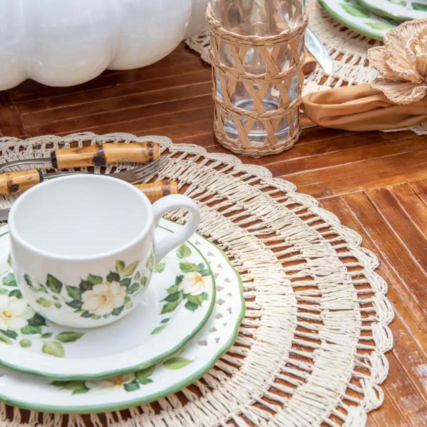 Buriti straw placemats handcrafted by Talah Home in natural beige for sustainable dining on Tampa Home & Garden Store
