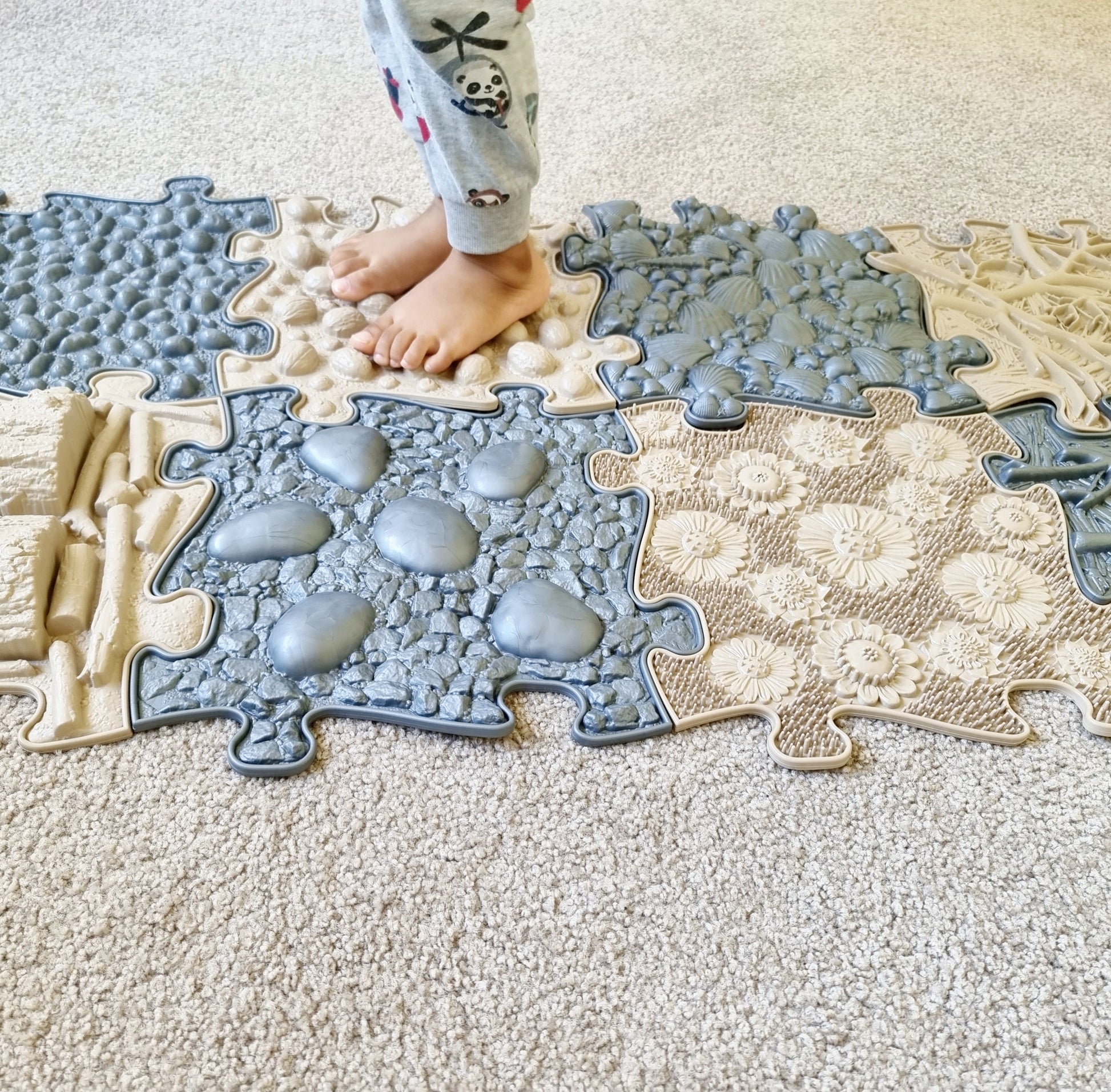 Natural Sensory Playmat Set play mats in blue and beige with shell textures by TINNITOTS on Tampa Home & Garden Store