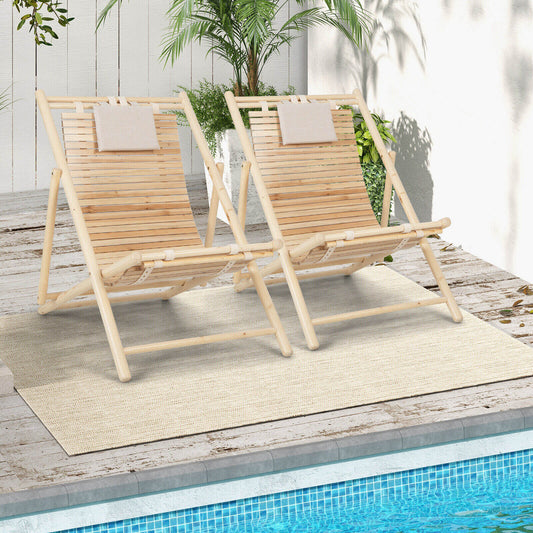 Solid Fir Wood Lounge Chair with 3-Level Adjustable Backrest and Soft Padded Headrest-Natural - Tampa Home & Garden Store