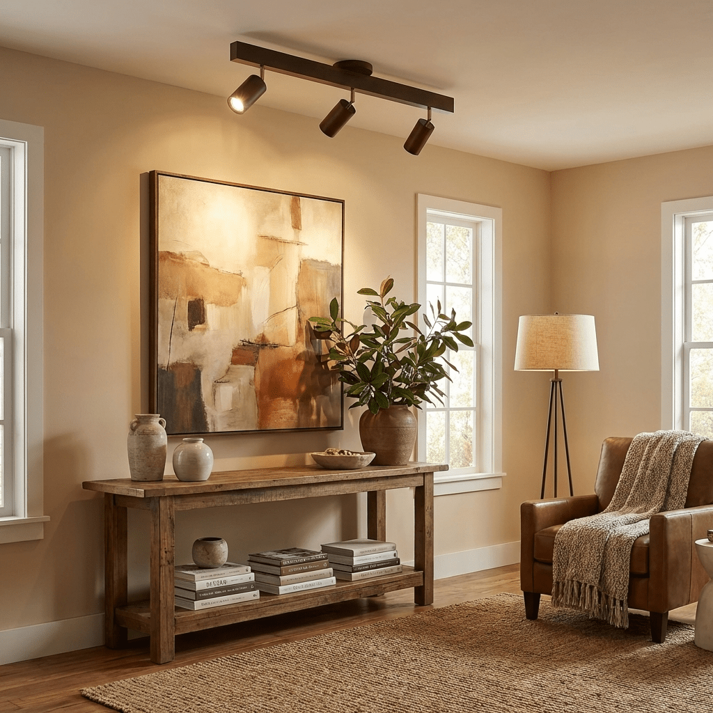 Grain wood shade track spotlight with adjustable heads, three brown spotlights on a ceiling rail on Tampa Home & Garden Store