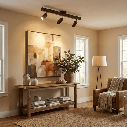 Grain wood shade track spotlight with adjustable heads, three brown spotlights on a ceiling rail on Tampa Home & Garden Store