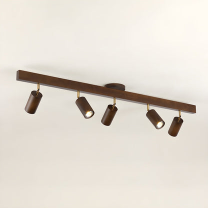 Moktan Sabai Grain wood shade track lighting with five adjustable brown heads on a bar on Tampa Home & Garden Store