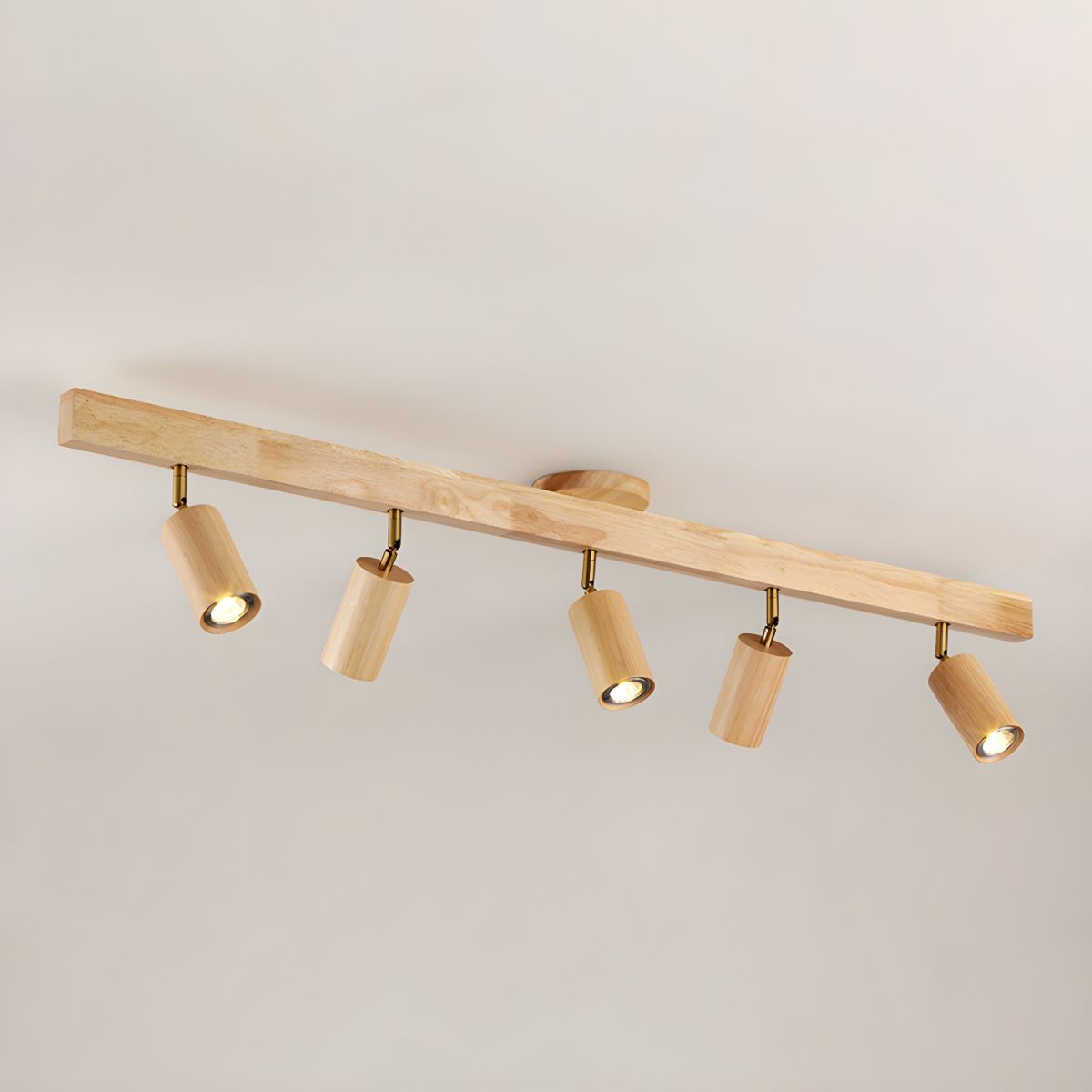Grain wood shade track lighting fixture with five adjustable heads in warm glow Moktan Sabai on Tampa Home & Garden Store
