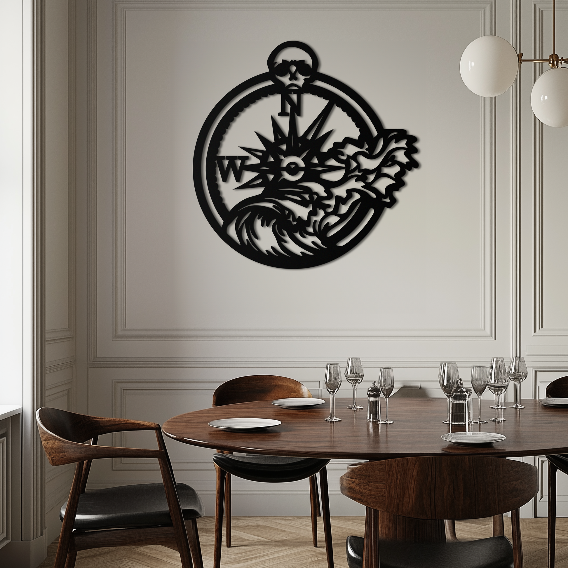 Nautical Compass Wave Metal Wall Art – Ocean Storm and Skull Design Decor- KAF704 - Tampa Home & Garden Store