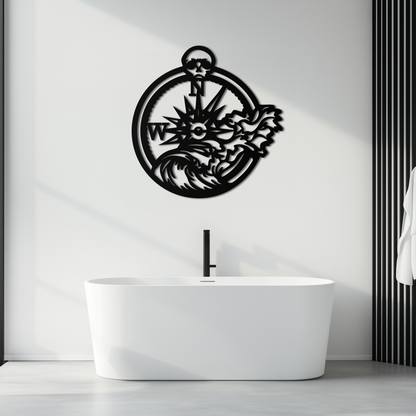 Nautical Compass Wave Metal Wall Art – Ocean Storm and Skull Design Decor- KAF704 - Tampa Home & Garden Store