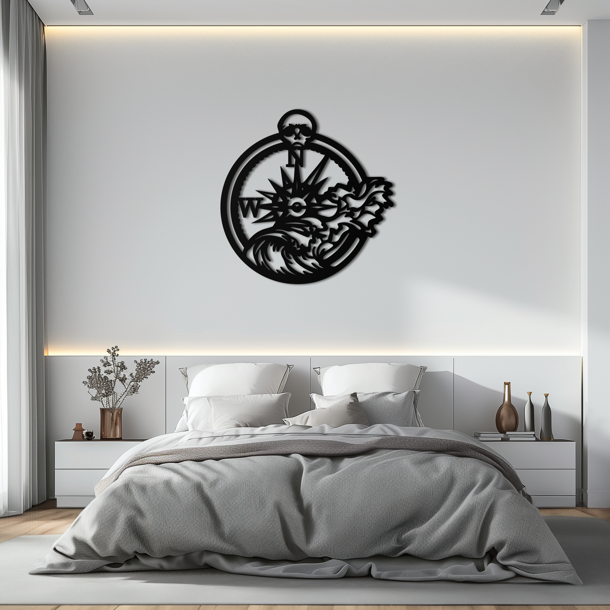 Nautical Compass Wave Metal Wall Art – Ocean Storm and Skull Design Decor- KAF704 - Tampa Home & Garden Store