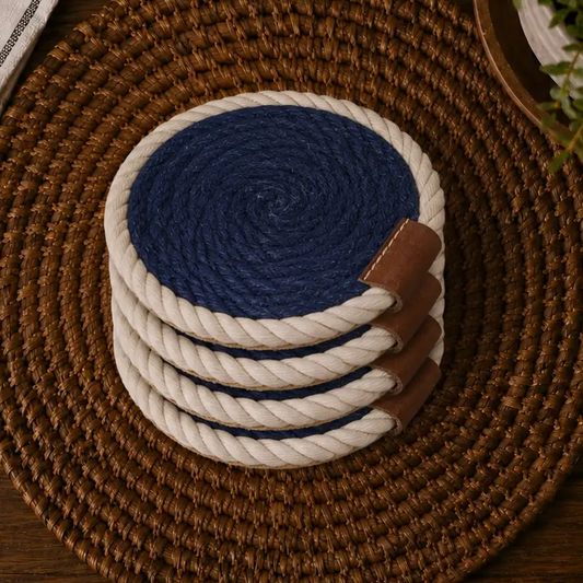 Gia Roma Nautical Rope Braided Coasters in navy and cream, leather-accented circular set of 6 on Tampa Home & Garden Store