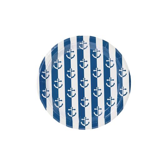 Navy Anchor Away Stripes Dessert Paper Plates - 8 Pack - Tampa Home & Garden Store