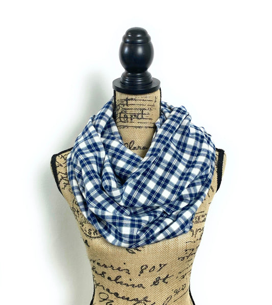 Navy Blue, Gray, and White Lightweight Flannel Plaid Infinity Scarf - Tampa Home & Garden Store