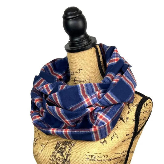 Scarf Navy Dusty Blue Persimmon and Cream Plaid wrapped around a mannequin on Tampa Home & Garden Store