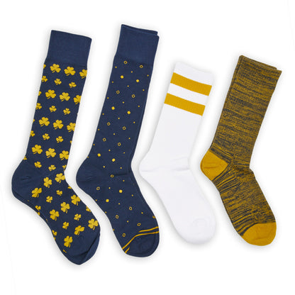 DeadSoxy Navy Gold Mixed Socks 4-Pack: navy florals, dots, white stripes, mustard heather socks on Tampa Home & Garden Store