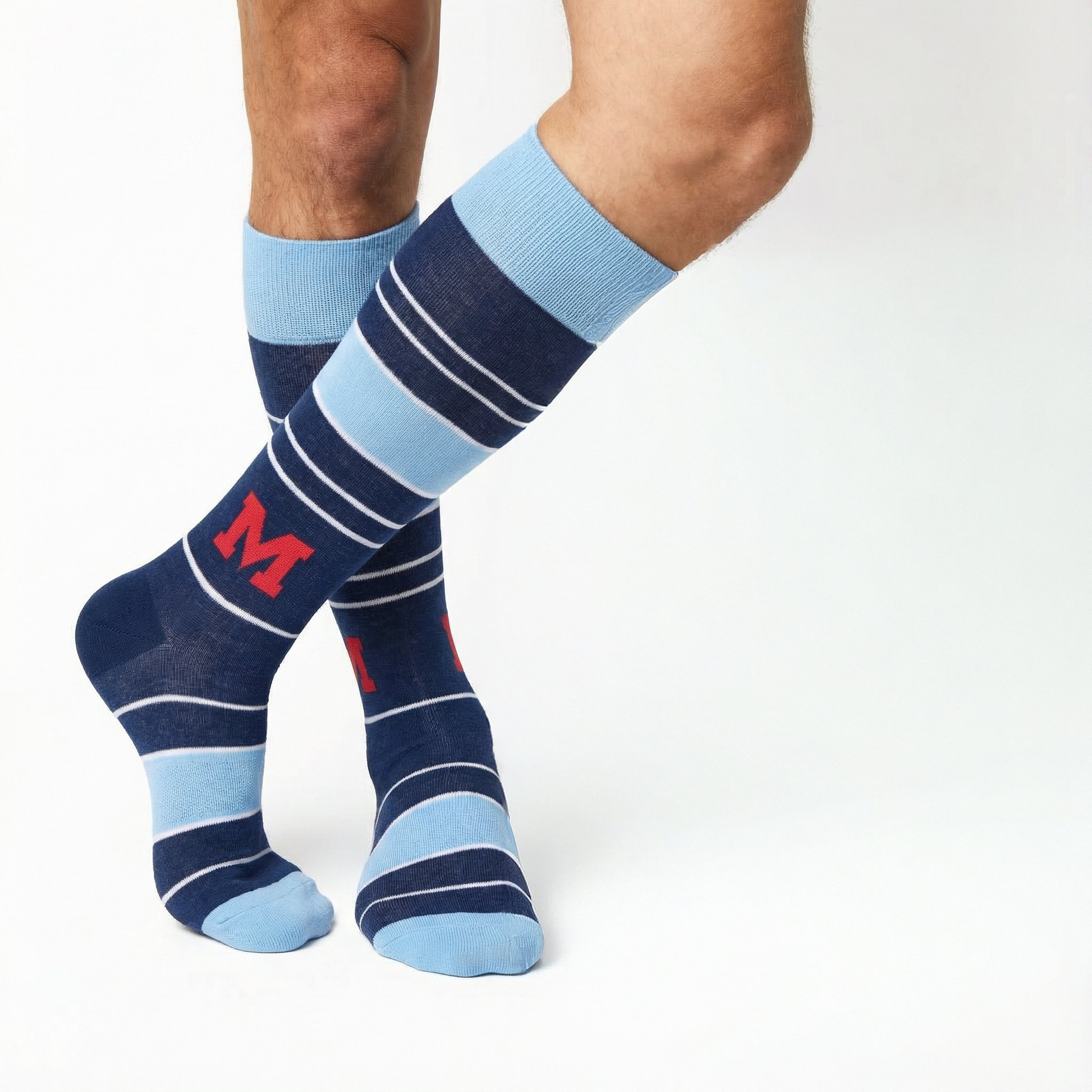 Ole Miss Rebels licensed crew socks 4-pack by DeadSoxy in navy and light blue stripes on Tampa Home & Garden Store