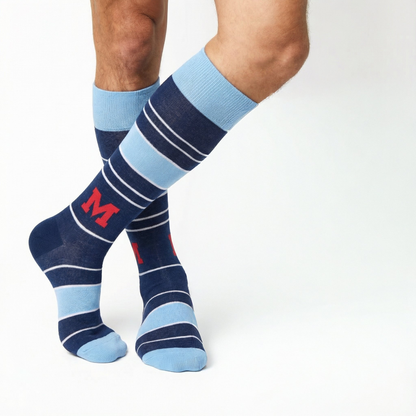 Ole Miss Rebels licensed crew socks 4-pack by DeadSoxy in navy and light blue stripes on Tampa Home & Garden Store