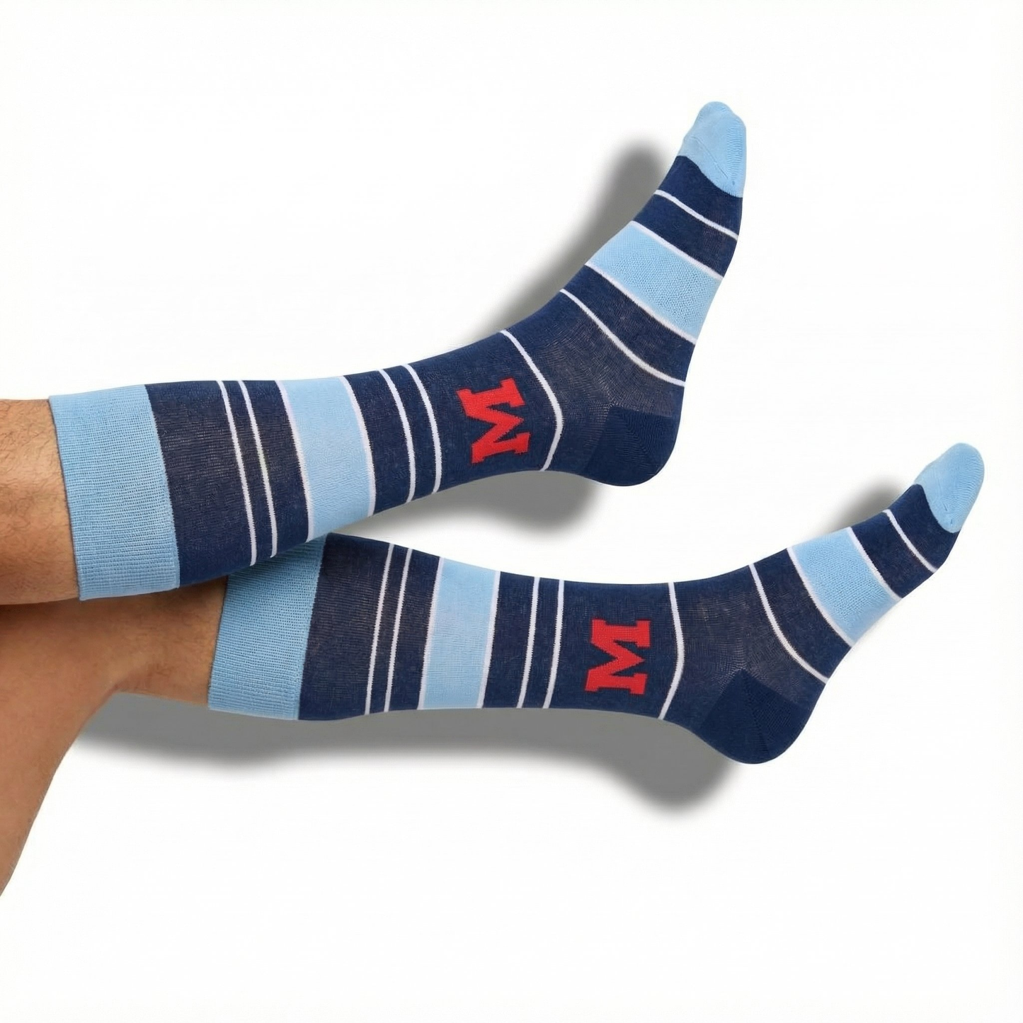 Ole Miss Rebel 4-Pack licensed college socks by DeadSoxy in navy and light-blue striped pattern on Tampa Home & Garden Store