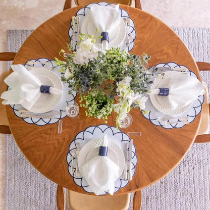 Talah Home Brazilian Bamboo Napkin Rings 4-piece set with navy accent on round wood table on Tampa Home & Garden Store