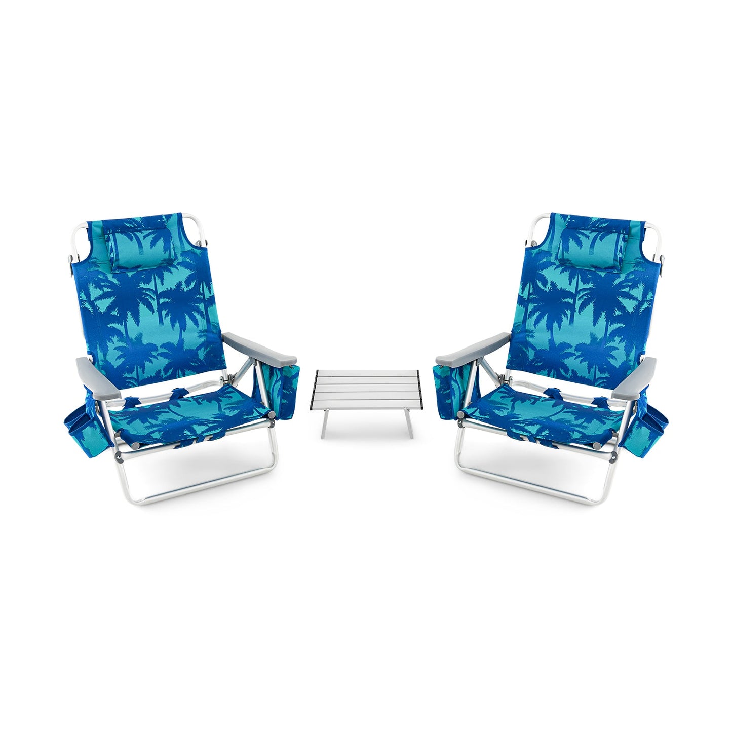 2 Packs 5-Position Outdoor Folding Backpack Beach Table Chair Reclining Chair Set-Blue