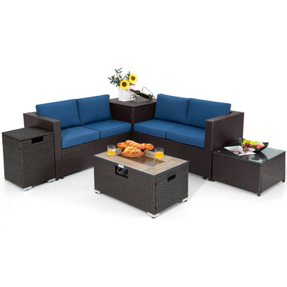 Juego de Muebles de Mimbre para Exterior de 6 Piezas con Mesa con Fogón de Propano de 32 Pulgadas-Beige