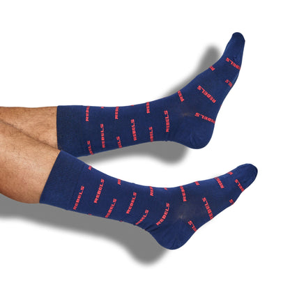 Licensed college socks DeadSoxy Weekly Sply Vaught blue crew socks with red REBELS print on Tampa Home & Garden Store