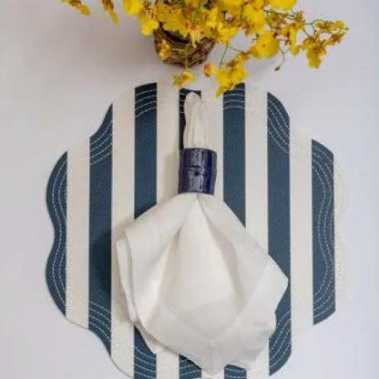 Retro Pink Striped Placemat with Vintage Charm on navy striped base with napkin setup on Tampa Home & Garden Store