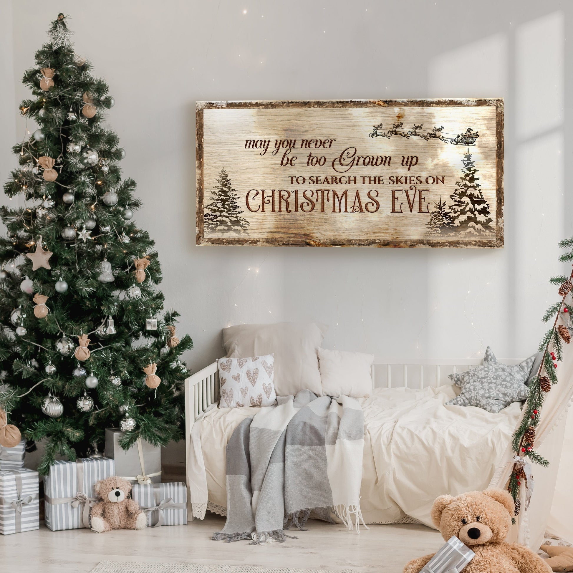 Canvas sign Christmas Eve Farmhouse Sign by Tailored Canvases, panel with festive script on Tampa Home & Garden Store