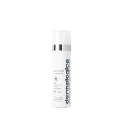 Dermalogica PowerBright Moisturizer SPF 50 face cream bottle with pump, white with silver band on Tampa Home & Garden Store