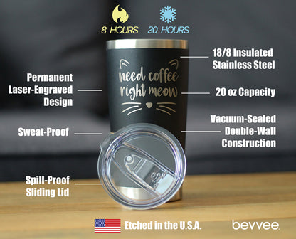 Need Coffee Right Meow - Insulated Coffee Tumbler Cup with Sliding Lid - Stainless Steel Insulated Mug - Cat Themed Coffee Gifts - Tampa soil911.com