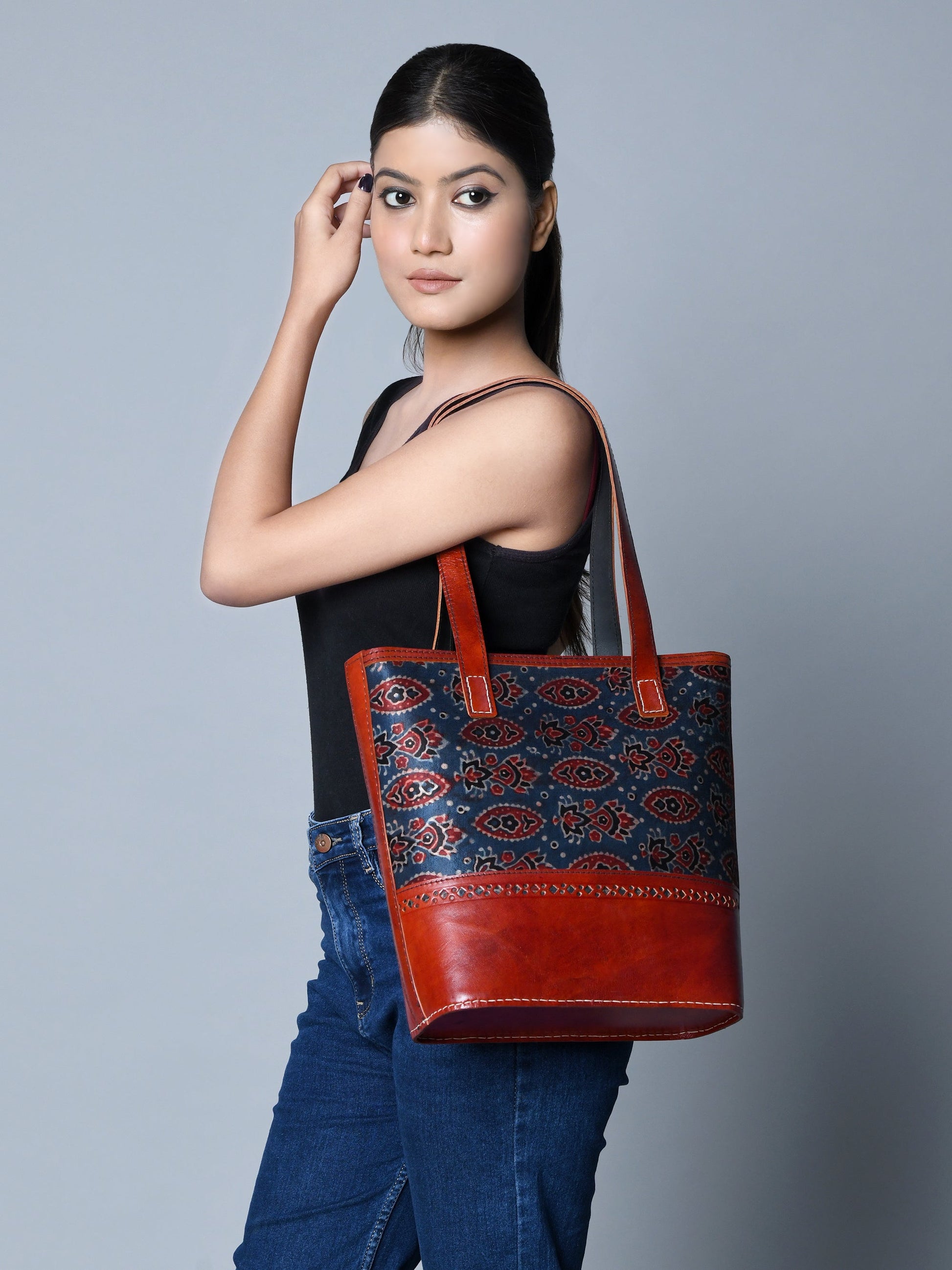 Neela Ajrakh Leather Tote Bag - Tampa Home & Garden Store