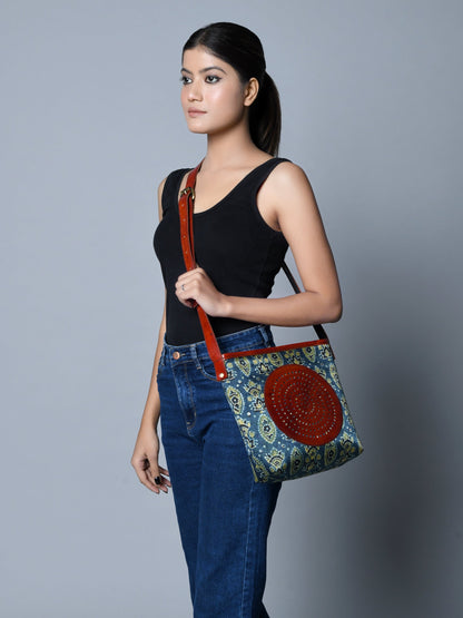 Neela Ajrakh Leather Tote Bag - Tampa Home & Garden Store