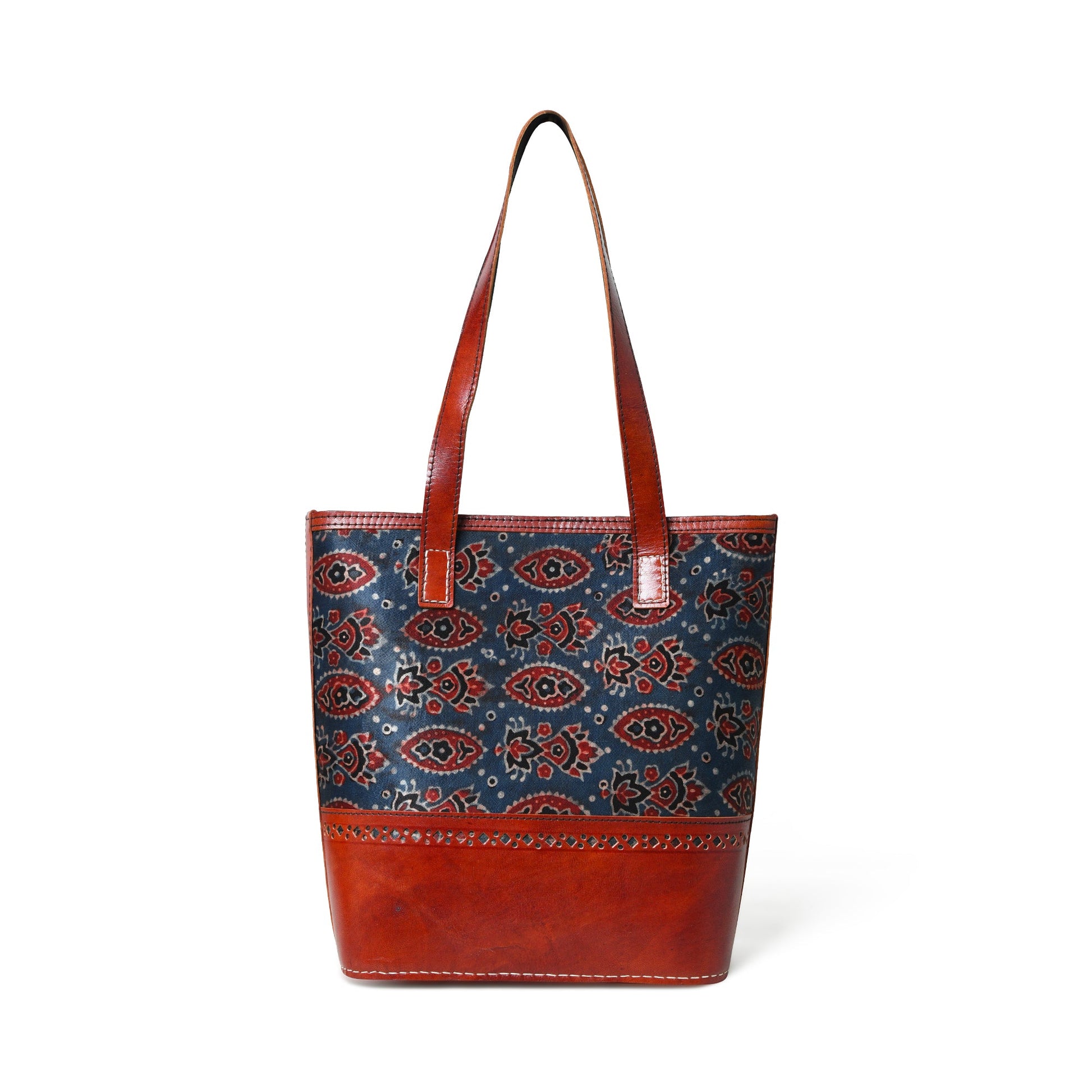 Neela Ajrakh Leather Tote Bag - Tampa Home & Garden Store