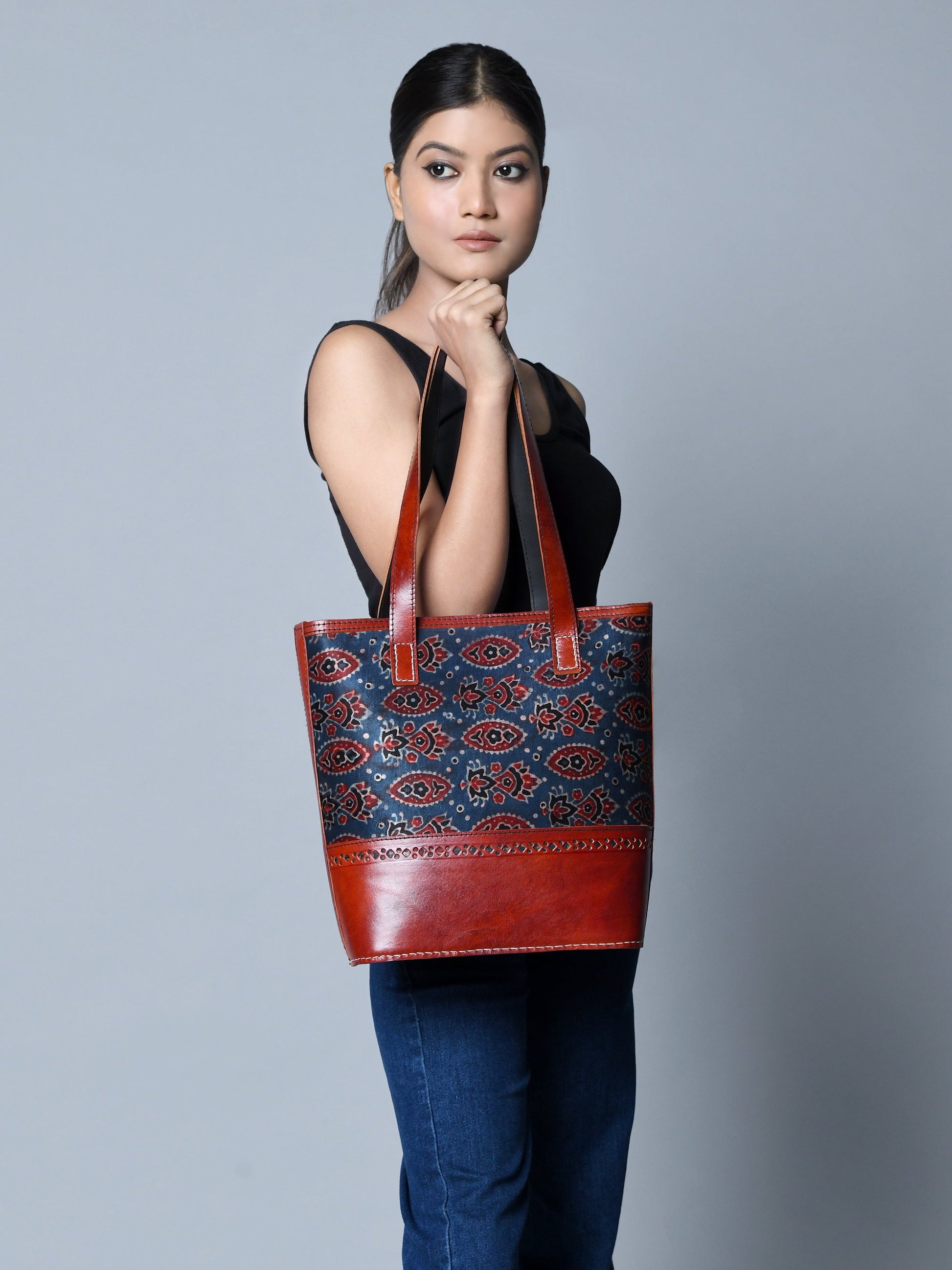 Neela Ajrakh Leather Tote Bag - Tampa Home & Garden Store