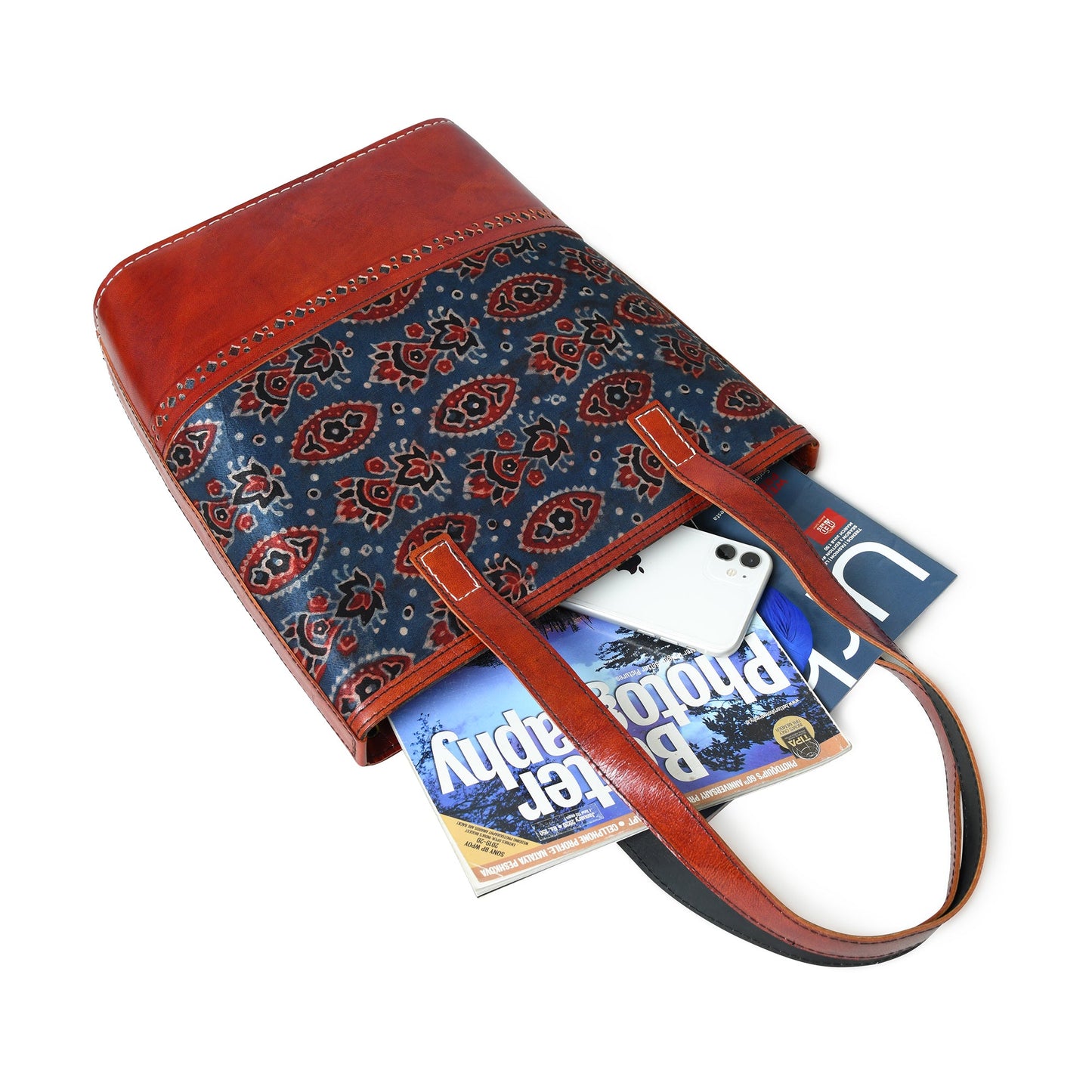 Neela Ajrakh Leather Tote Bag - Tampa Home & Garden Store