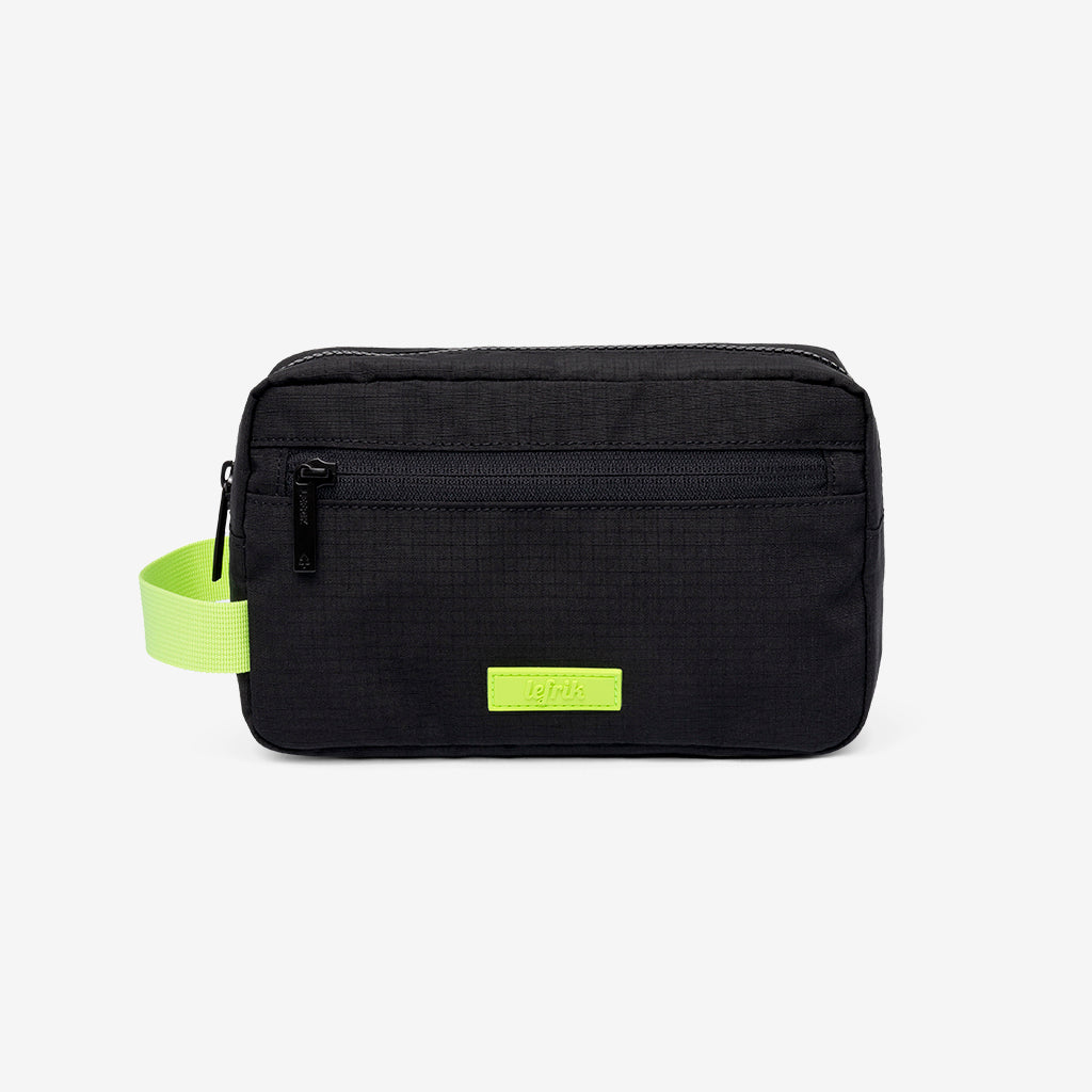 Kei Lithe washbag Black Lime Vandra, Lefrik USA cosmetic & toiletry bag with neon lime strap on Tampa Home & Garden Store