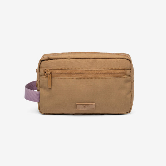 Kei Lithe Washbag by Lefrik USA in Medium Toffee with purple strap; tan cosmetic bag on Tampa Home & Garden Store