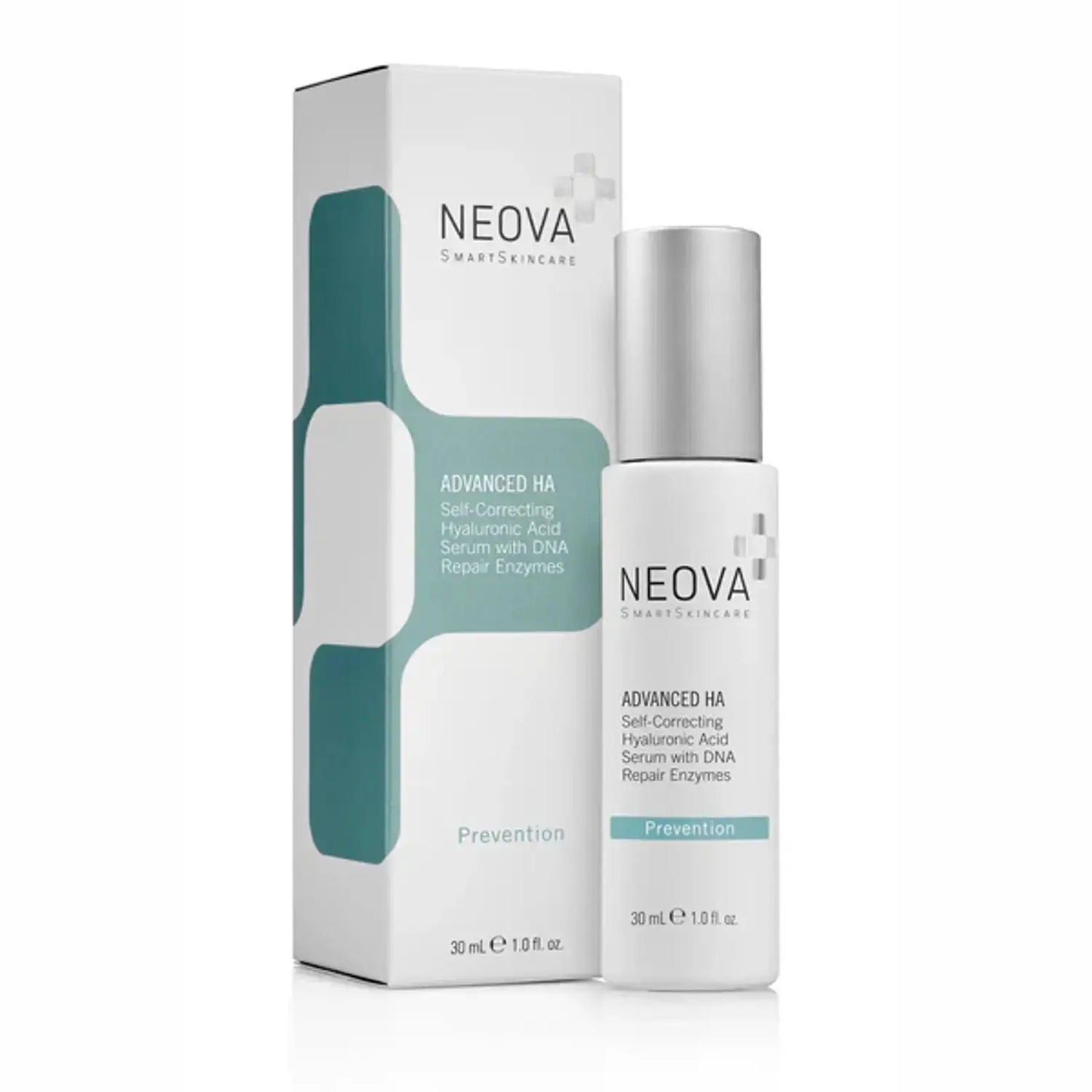 Neova Advanced HA serum bottle with silver cap beside white box featuring teal geometric design on Tampa Home & Garden Store