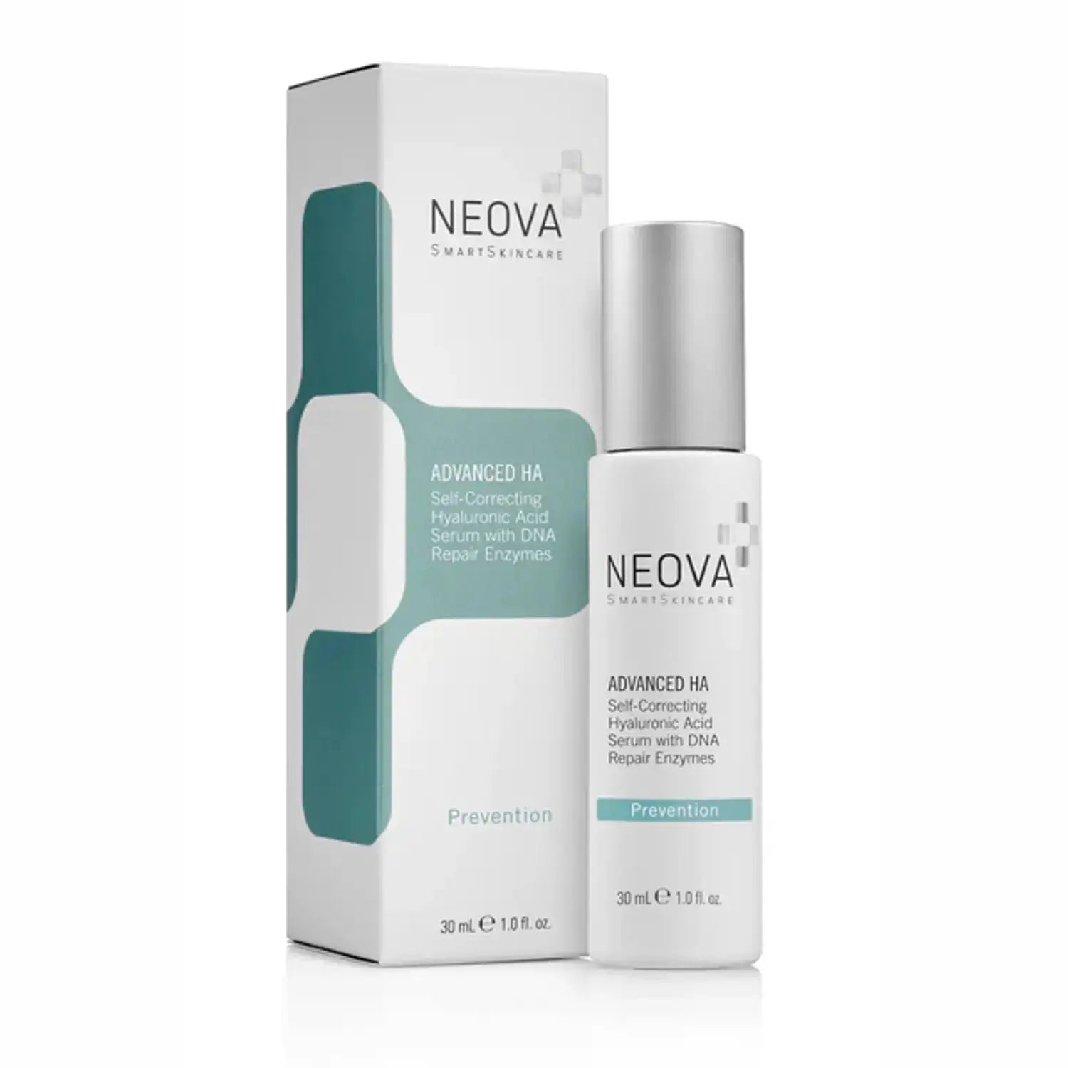 Neova Advanced HA serum bottle with silver cap beside white box featuring teal geometric design on Tampa Home & Garden Store