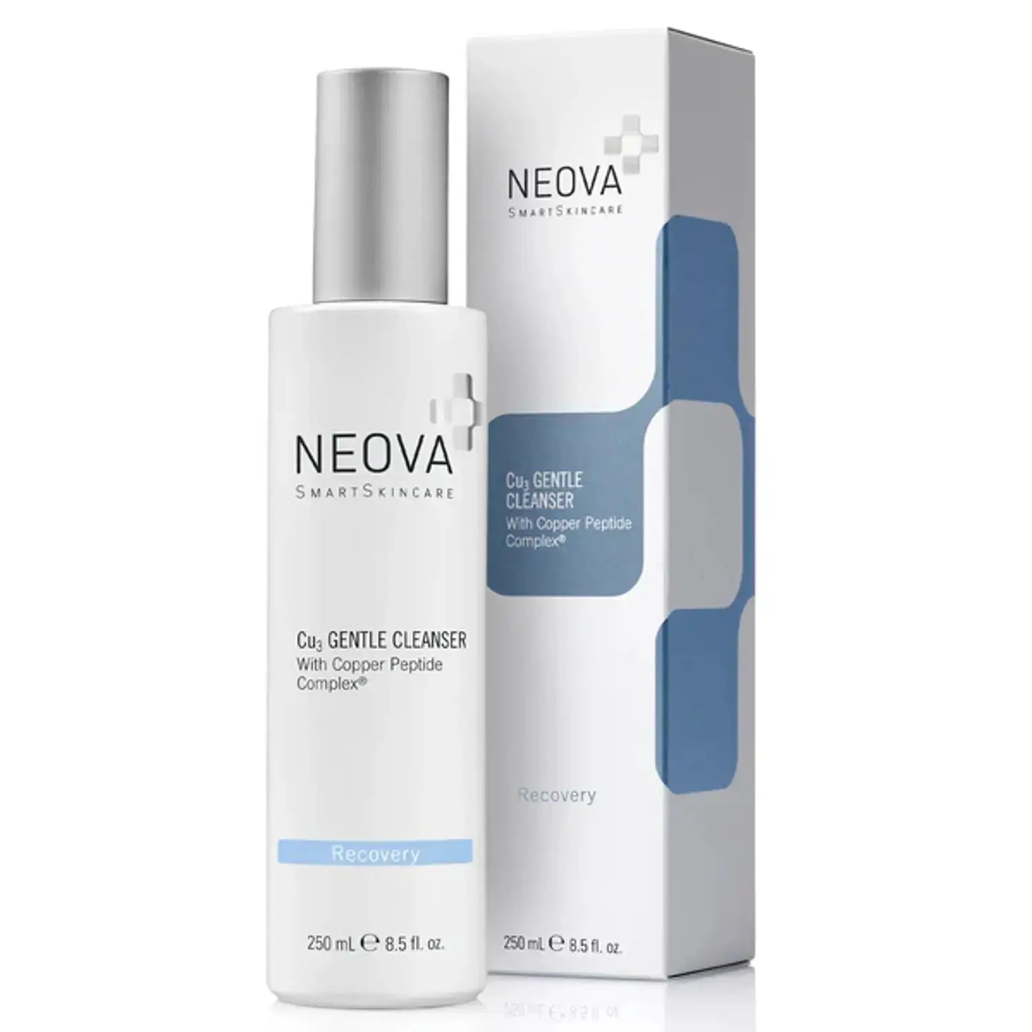 Neova Cu3 Gentle Cleanser bottle and box; white bottle with silver cap, copper peptide, 8.5 oz on Tampa Home & Garden Store