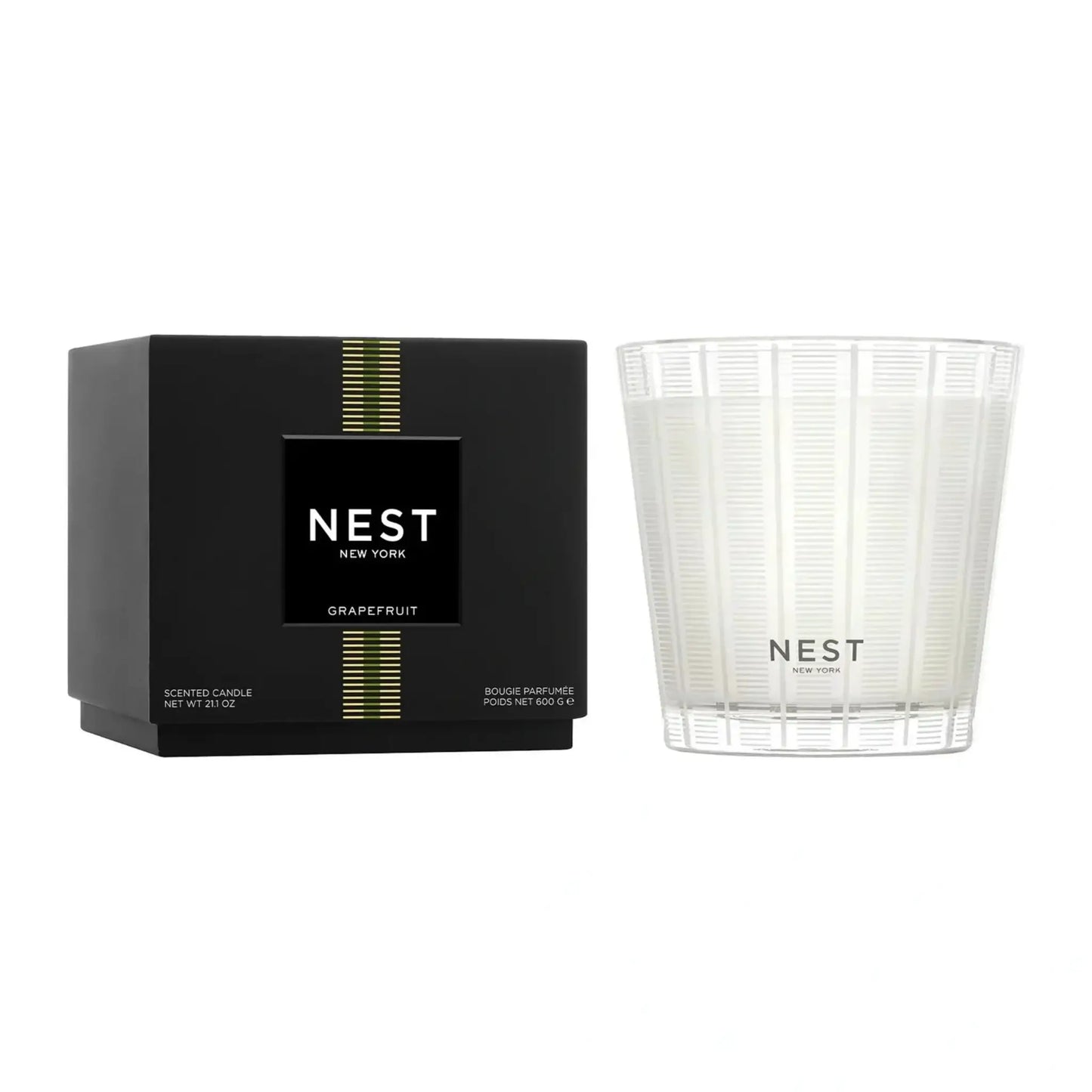 Nest New York Grapefruit Candle in black box with gold stripe, white ribbed glass jar on Tampa Home & Garden Store