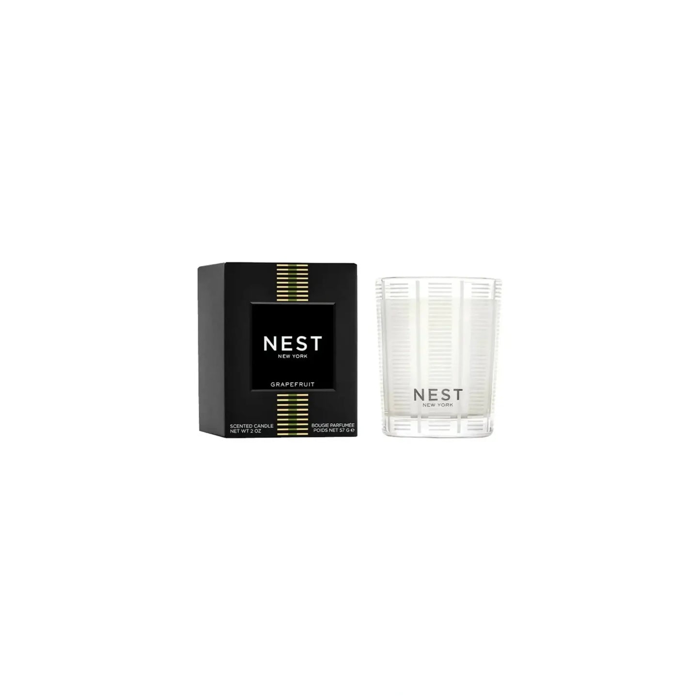 Nest New York Grapefruit Candle by Nava Beauty in black packaging with clear ribbed glass jar on Tampa Home & Garden Store
