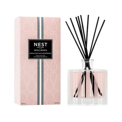 Nest New York Himalayan Salt & Rosewater Reed Diffuser pink box with black label and reeds on Tampa Home & Garden Store