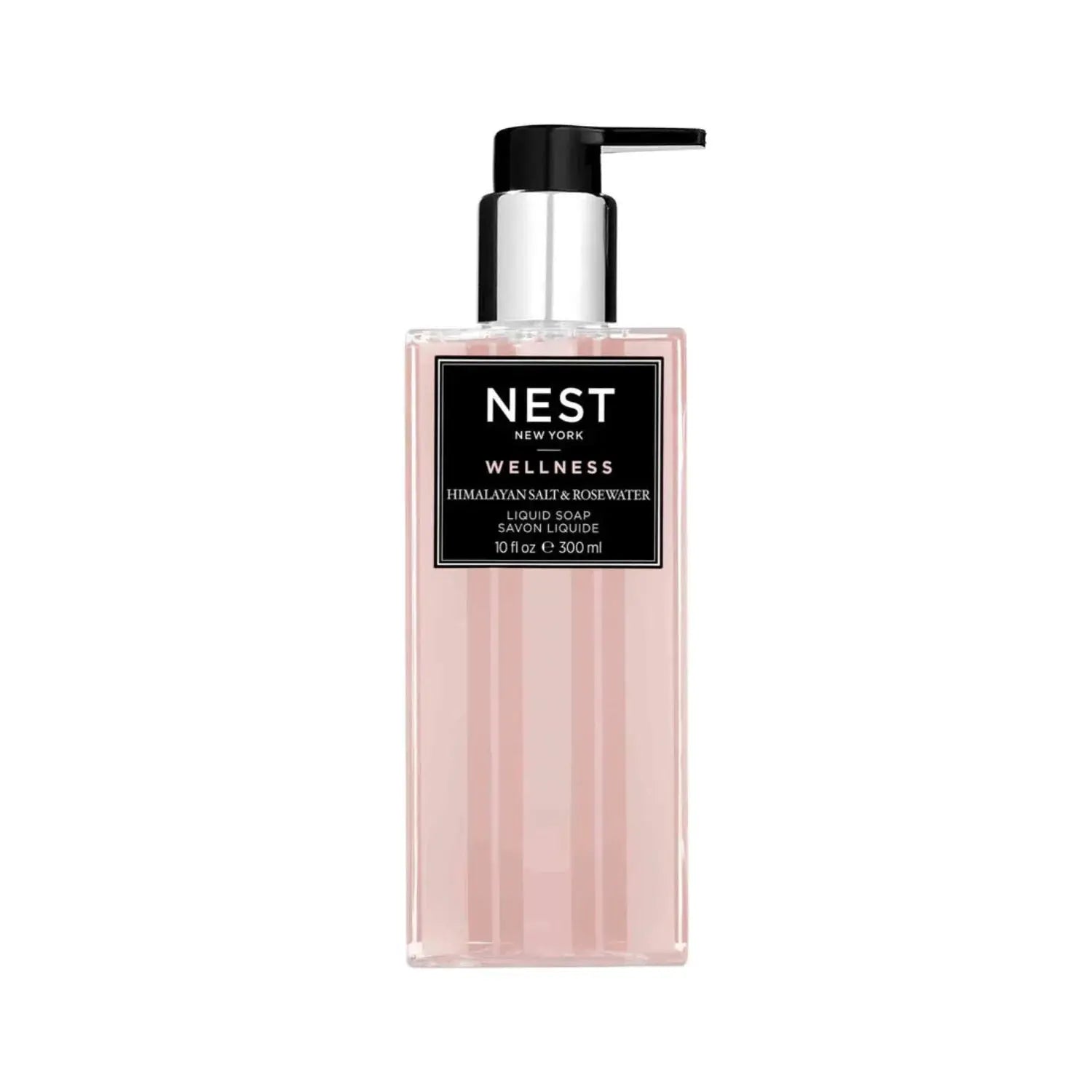 Nest New York Himalayan Salt & Rosewater liquid soap in a pink ribbed bottle with pump on Tampa Home & Garden Store