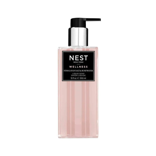 Nest New York Himalayan Salt & Rosewater liquid soap in a pink ribbed bottle with pump on Tampa Home & Garden Store