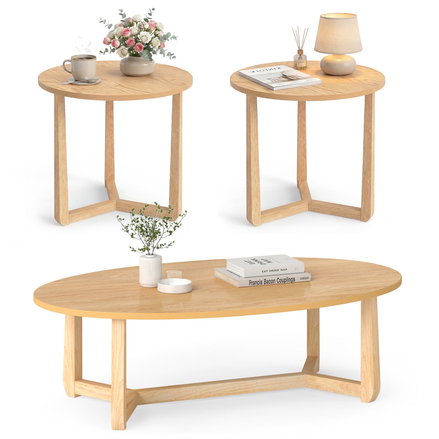 Nesting coffee tables set of 3 with wood veneer tops and solid rubber wood legs on Tampa Home & Garden Store