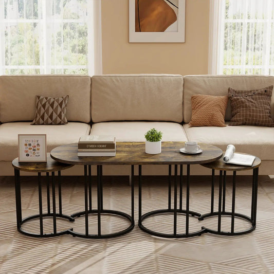 Nesting coffee table set of 3 with faux marble tops on black metal bases by DirectDeals on Tampa Home & Garden Store