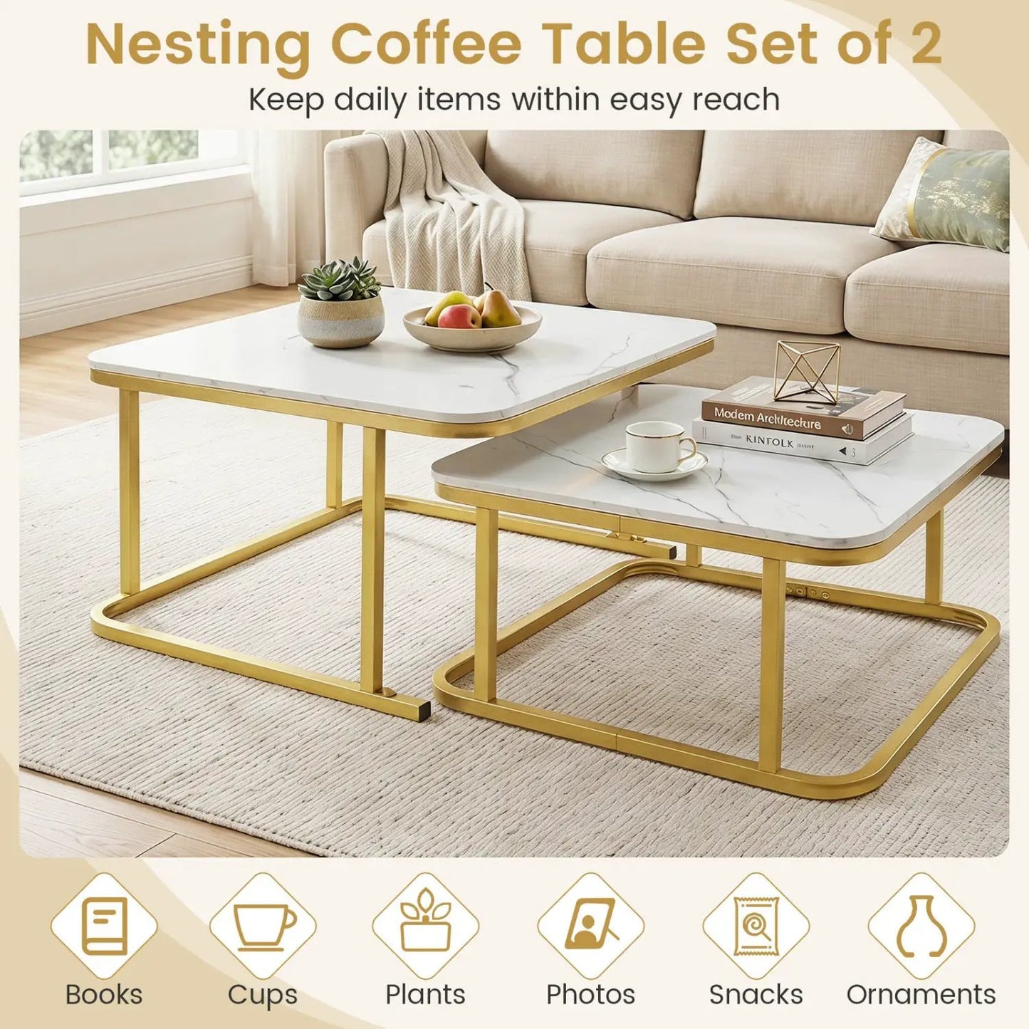 Nesting Coffee Table Set with Faux Marble Top