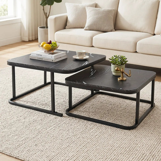 Nesting coffee table set of 2 with black faux marble tops and slim metal frames DirectDeals on Tampa Home & Garden Store
