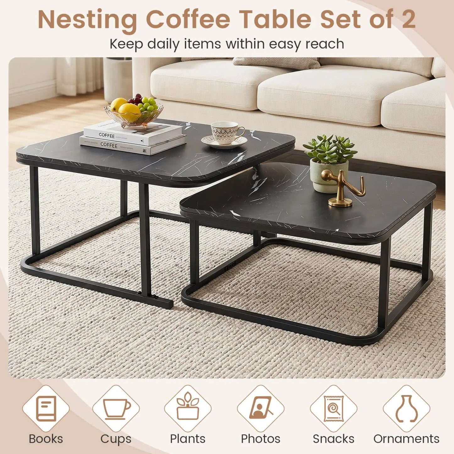 Nesting Coffee Table Set with Faux Marble Top